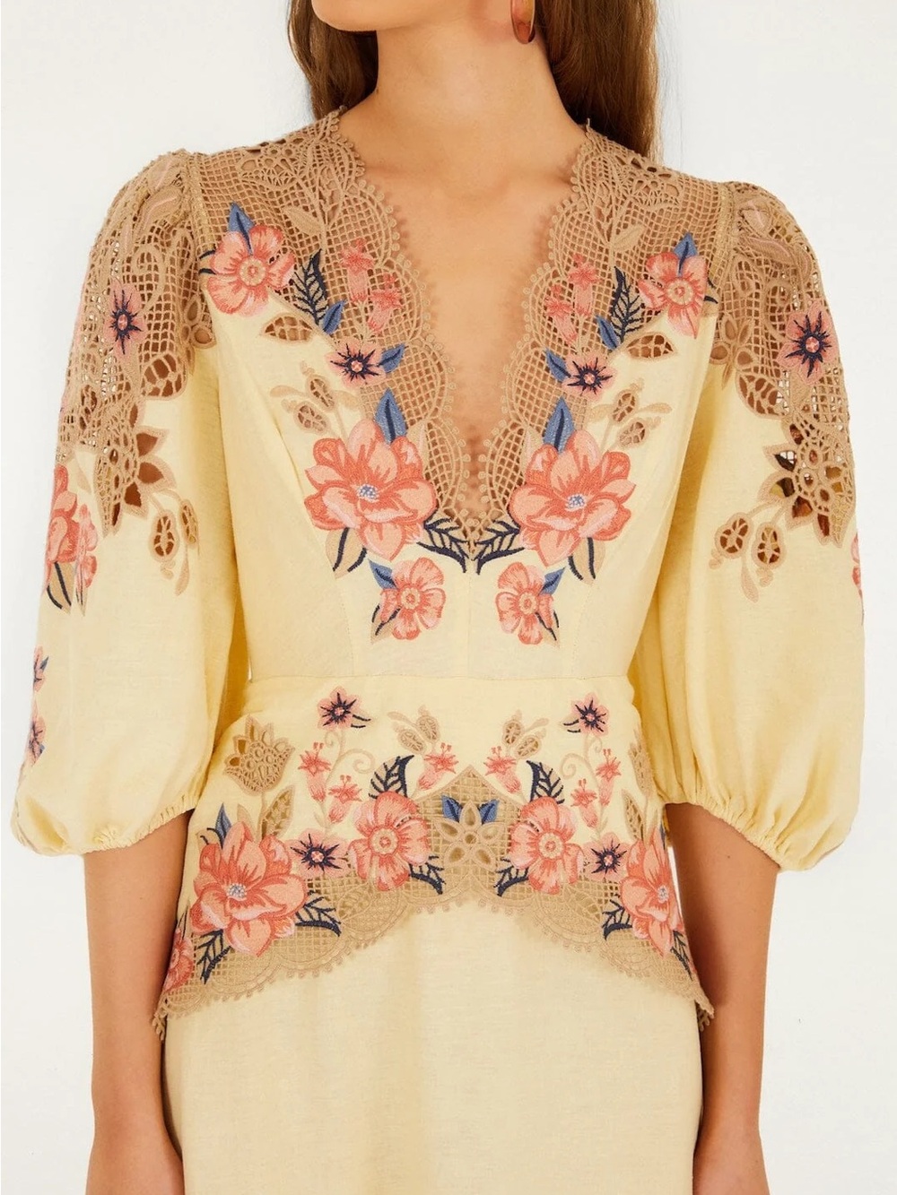 FARM RIO Butter Yellow Embroidered Midi Dress - Picture 4 of 5